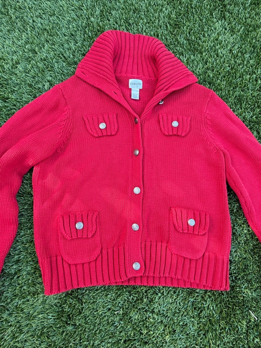 Chico's Vibrant Red Ribbed Collar Button Cardigan